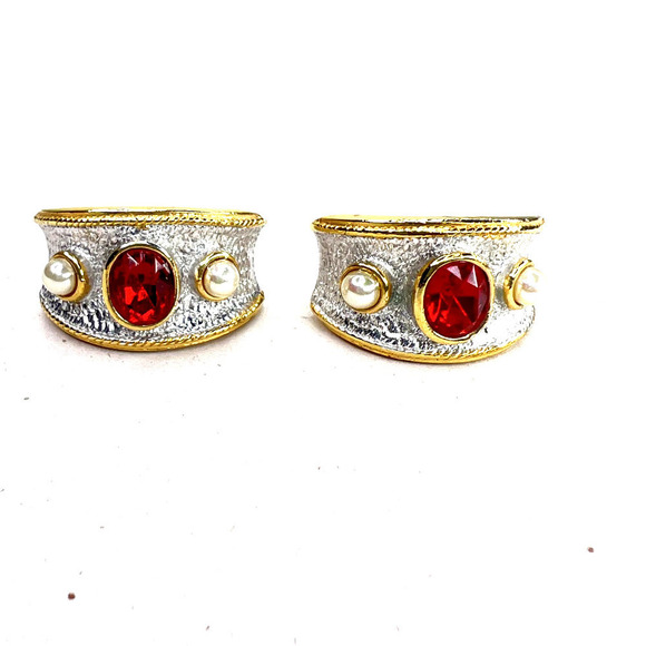 Vintage Roman Half Hoops Stud Earrings Red Garnet Stone Faux Pearl Silver Gold - Picture 1 of 5